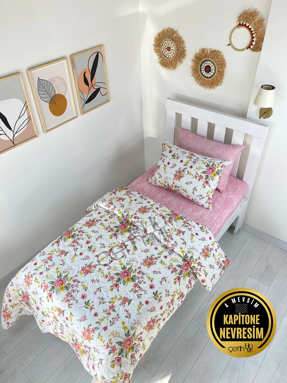 Çetinhome Tek Kişilik Çarşafı Lastikli Kapitone Pike Takımı 4 Mevsim Gülben