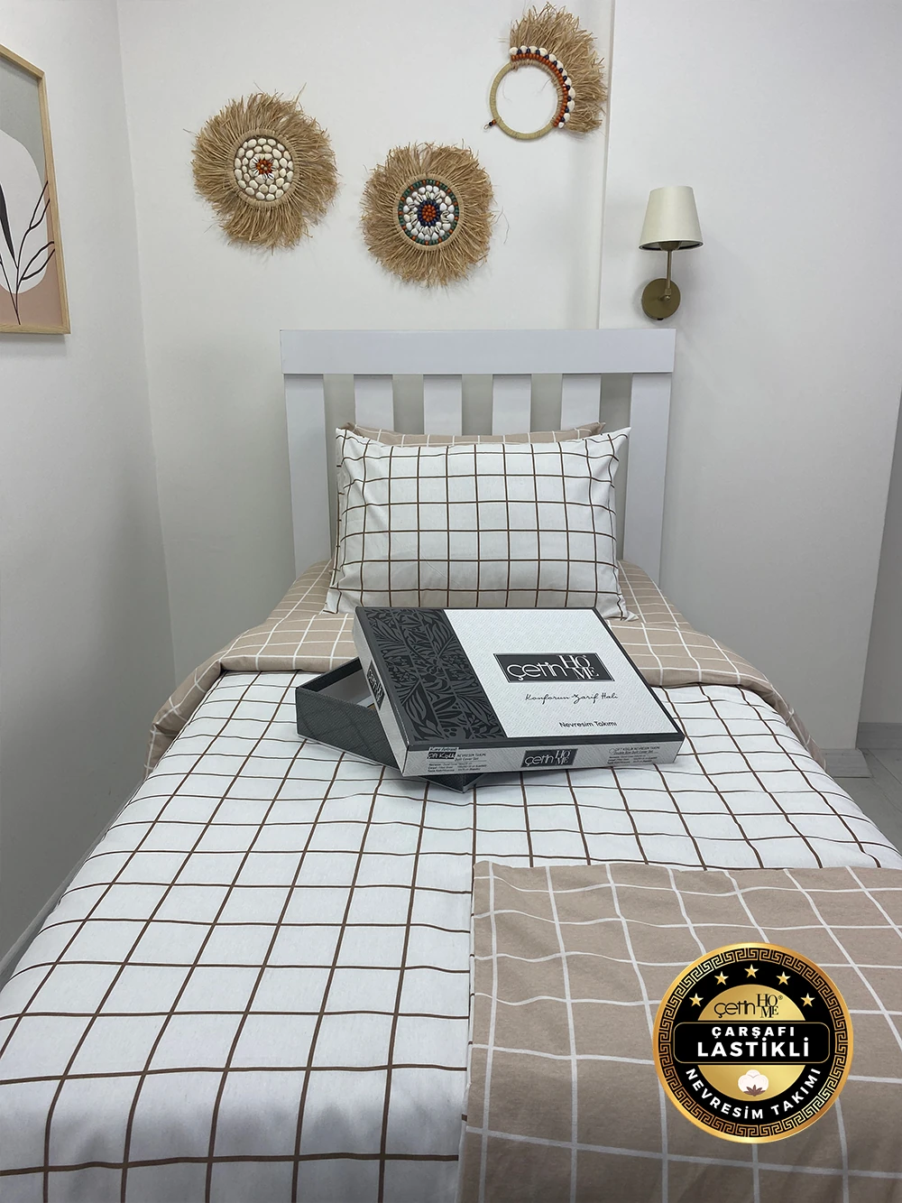 Çetinhome Çarşafı Lastikli Tek Kişilik Nevresim Takımı Kare Bej