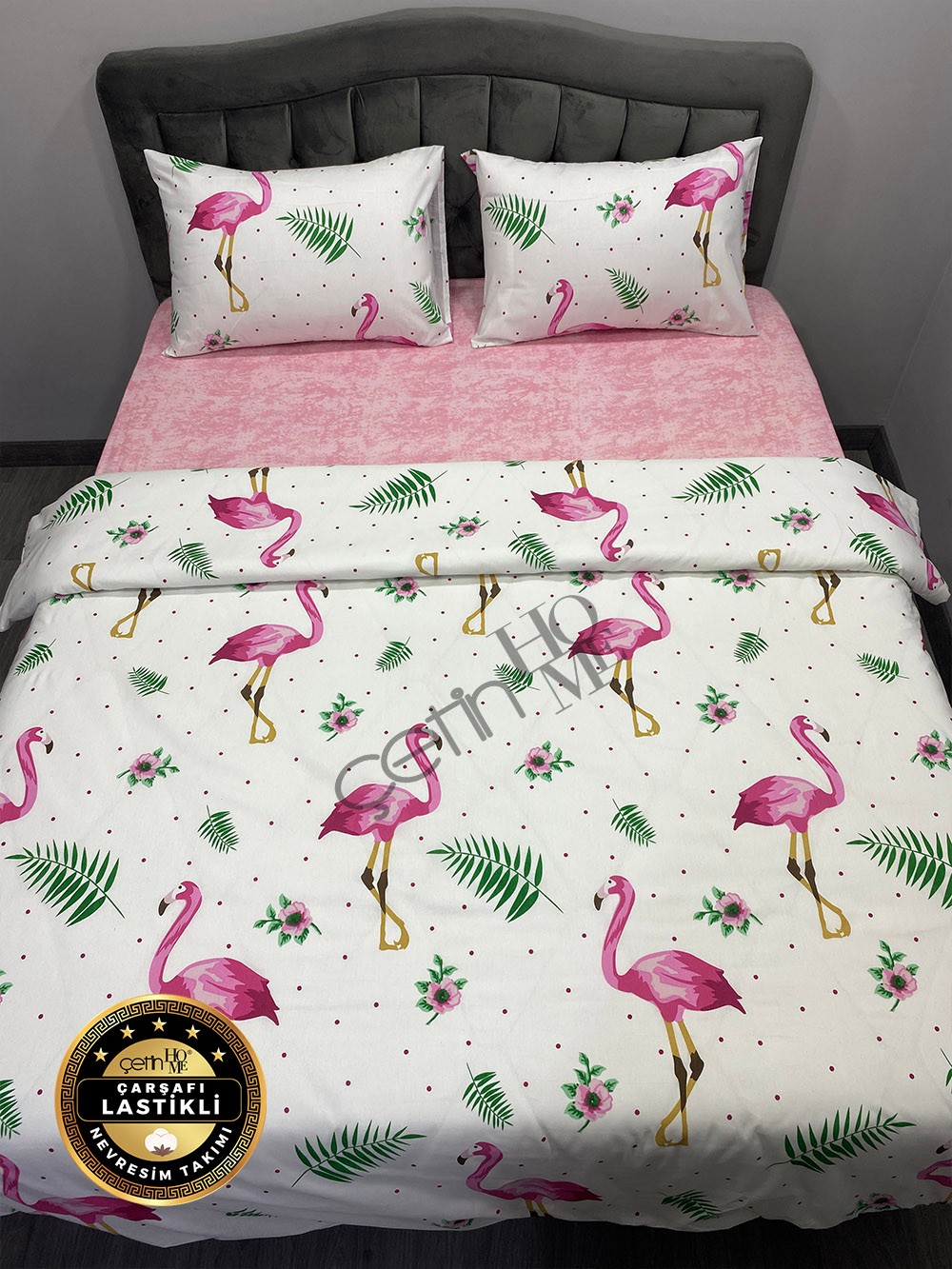 Çetinhome Çarşafı Lastikli Çift Kişilik Nevresim Takımı Flamingo