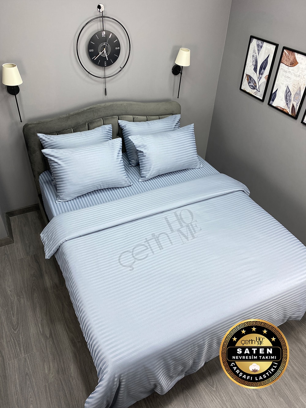 Çetinhome Çizgili Saten Nevresim Takımı - Koyu Gri