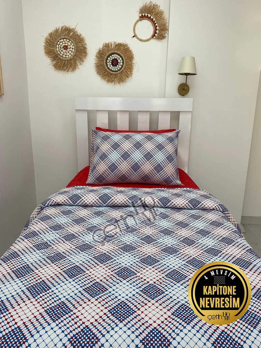 Çetinhome Tek Kişilik Çarşafı Lastikli Kapitone Pike Takımı 4 Mevsim Milan Kırmızı