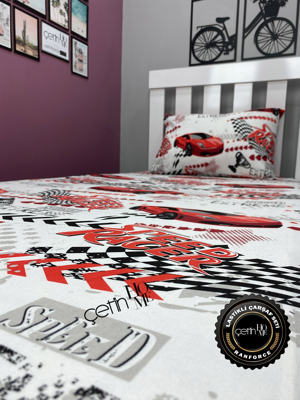 Kumaş Lastikli Çarşaf Seti Tek Kişilik 3 Ebat Red Racer