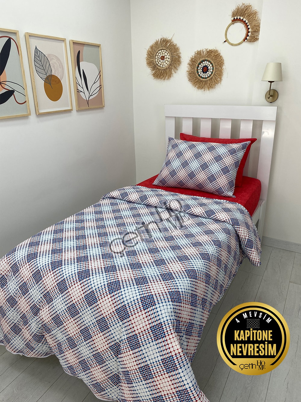 Çetinhome Tek Kişilik Çarşafı Lastikli Kapitone Pike Takımı 4 Mevsim Milan Kırmızı