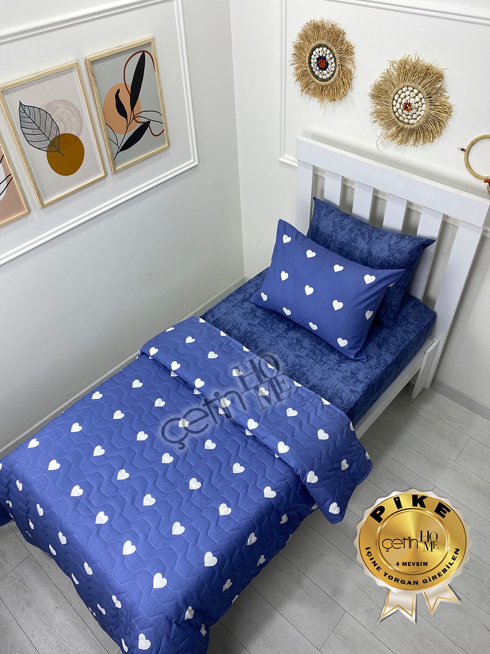 Çetinhome Tek Kişilik Çarşafı Lastikli Kapitone Pike Takımı 4 Mevsim Blue Kalp