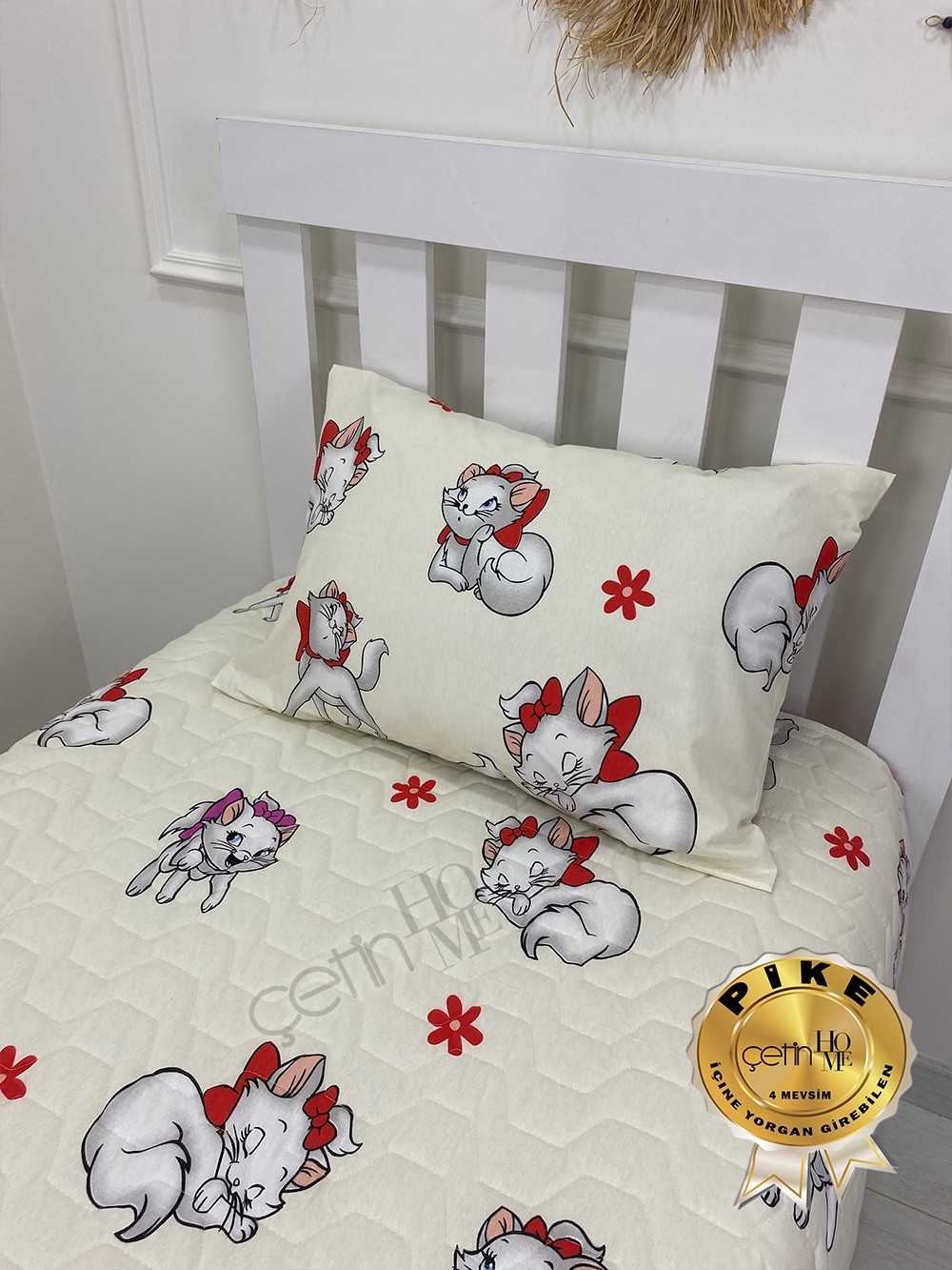 Çetinhome Tek Kişilik Kapitone Pike Seti 4 Mevsim Sevimli Kedi