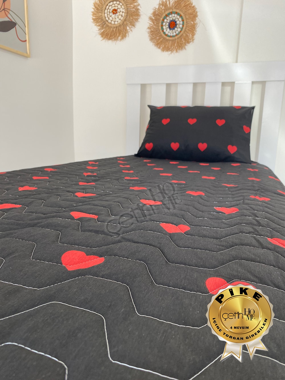 Çetinhome Tek Kişilik Kapitone Pike Seti 4 Mevsim Siyah Kalp