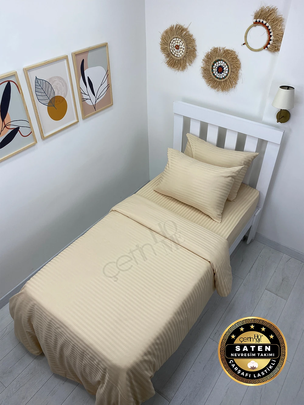 Çetinhome Tek Kişilik Çizgili Saten Nevresim Takımı - Krem