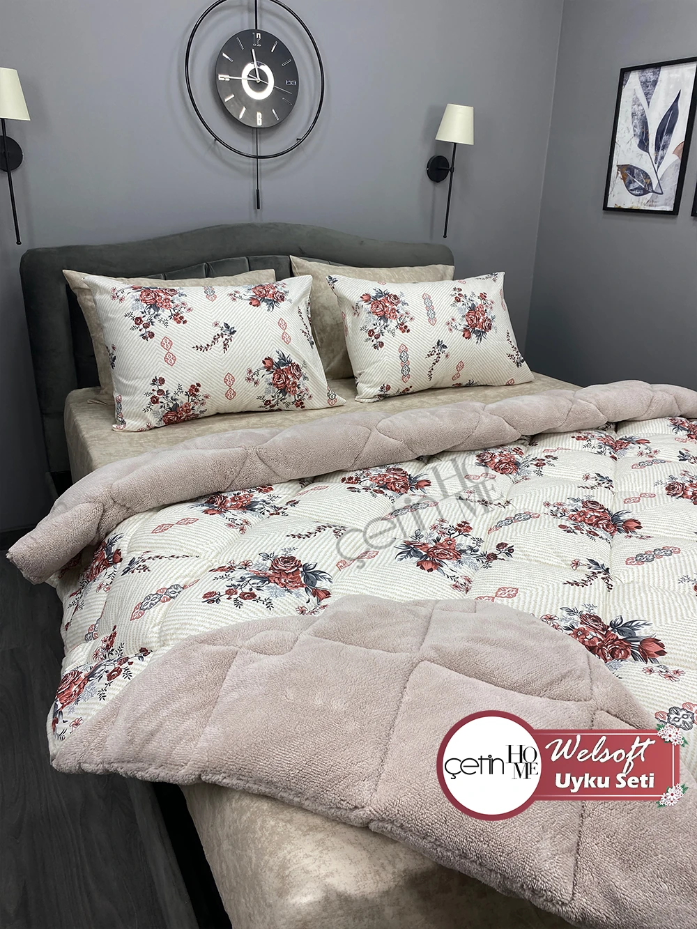 Çetinhome Çift Kişilik Çarşafı Lastikli Desenli Welsoft Yorgan Seti Hanzade