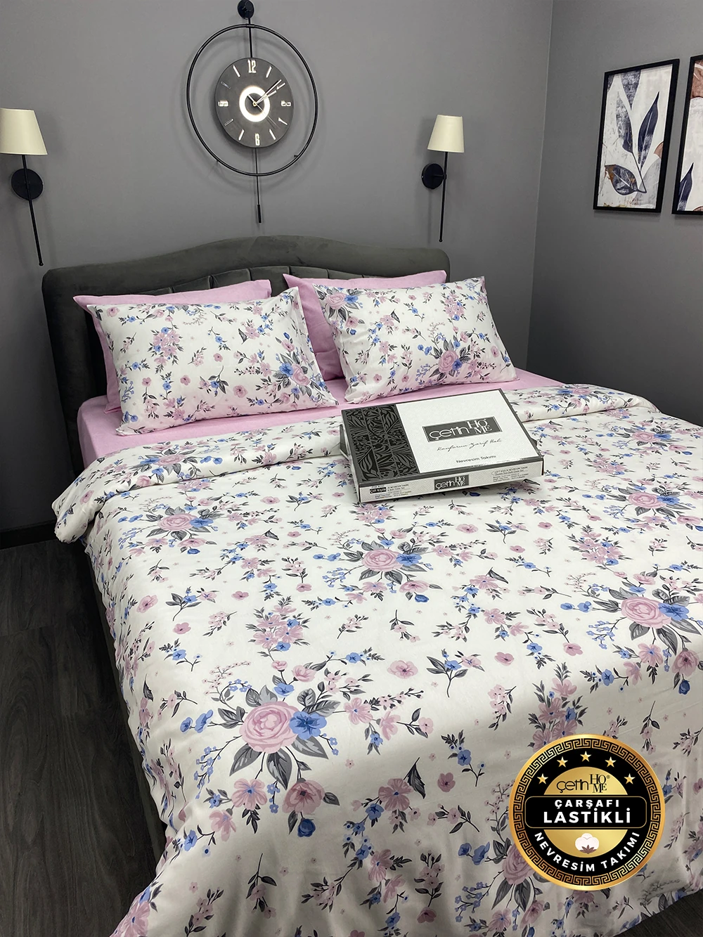 Çetinhome Çarşafı Lastikli Çift Kişilik Nevresim Takımı Pink Rose