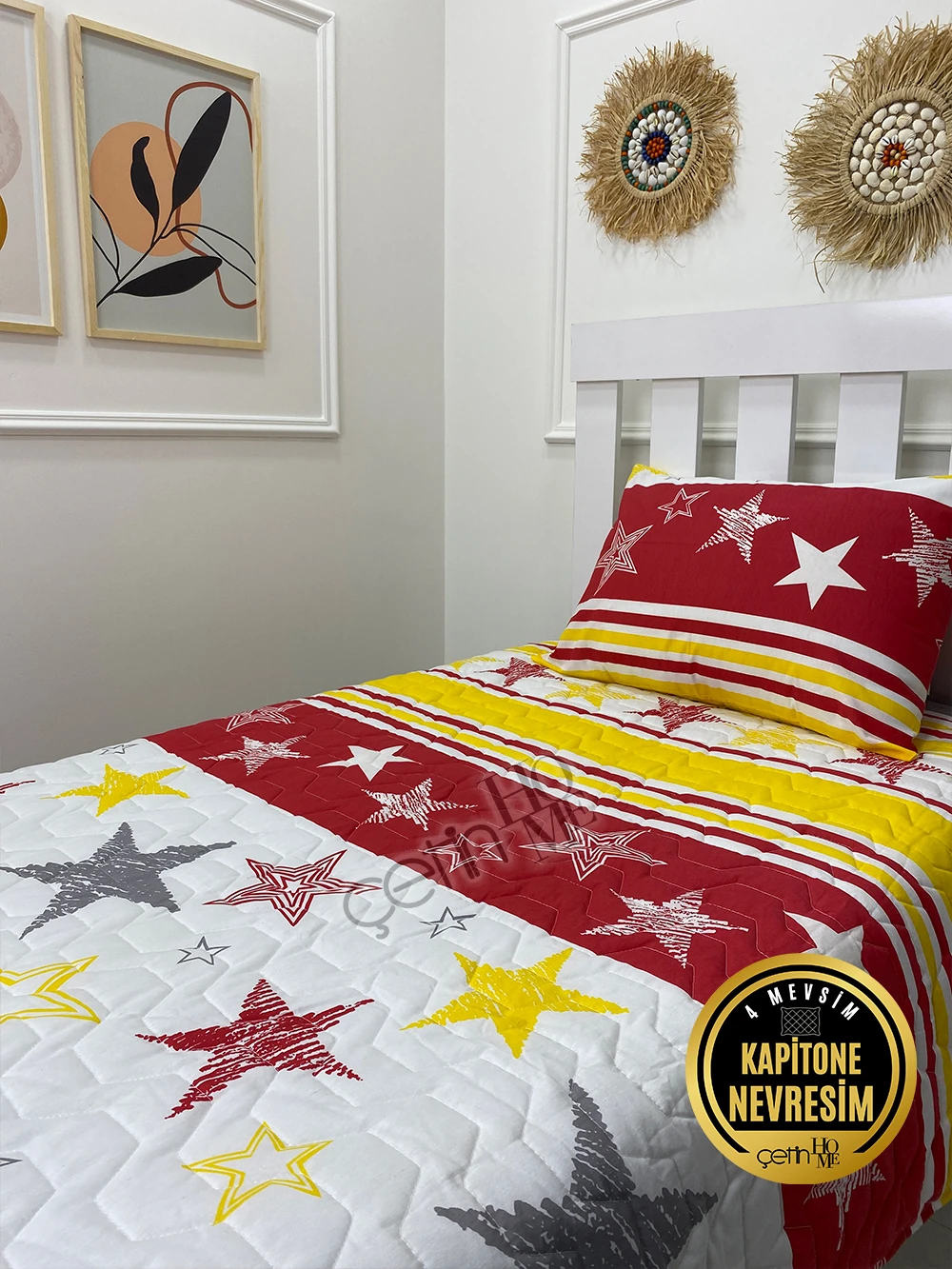 Çetinhome Tek Kişilik Kapitone Pike Seti 4 Mevsim Sarı Kırmızı