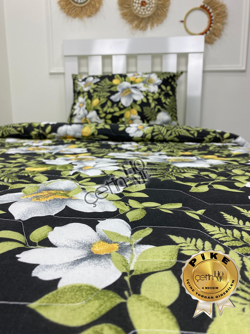 Çetinhome Tek Kişilik Çarşafı Lastikli Kapitone Pike Takımı 4 Mevsim Limon Çiçeği