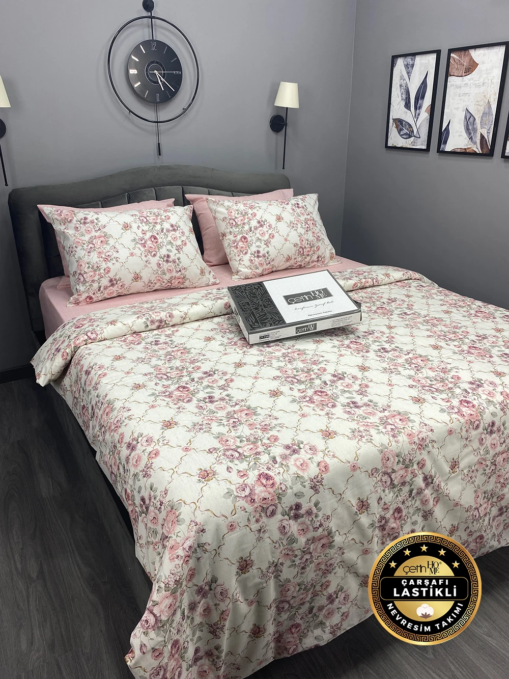 Çetinhome Çarşafı Lastikli Çift Kişilik Nevresim Takımı Güz Gülleri