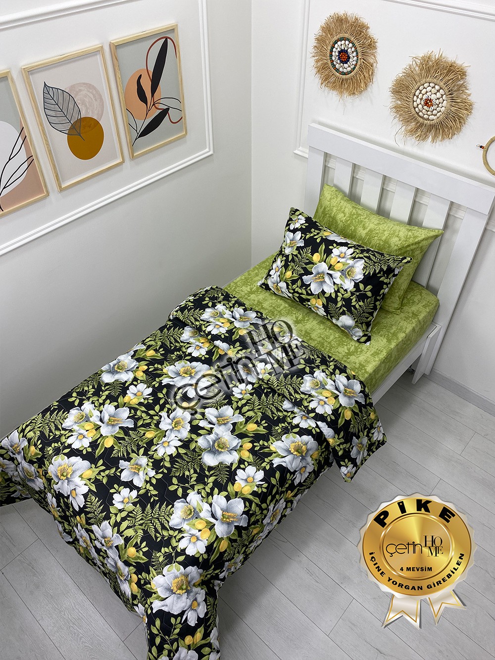 Çetinhome Tek Kişilik Çarşafı Lastikli Kapitone Pike Takımı 4 Mevsim Limon Çiçeği