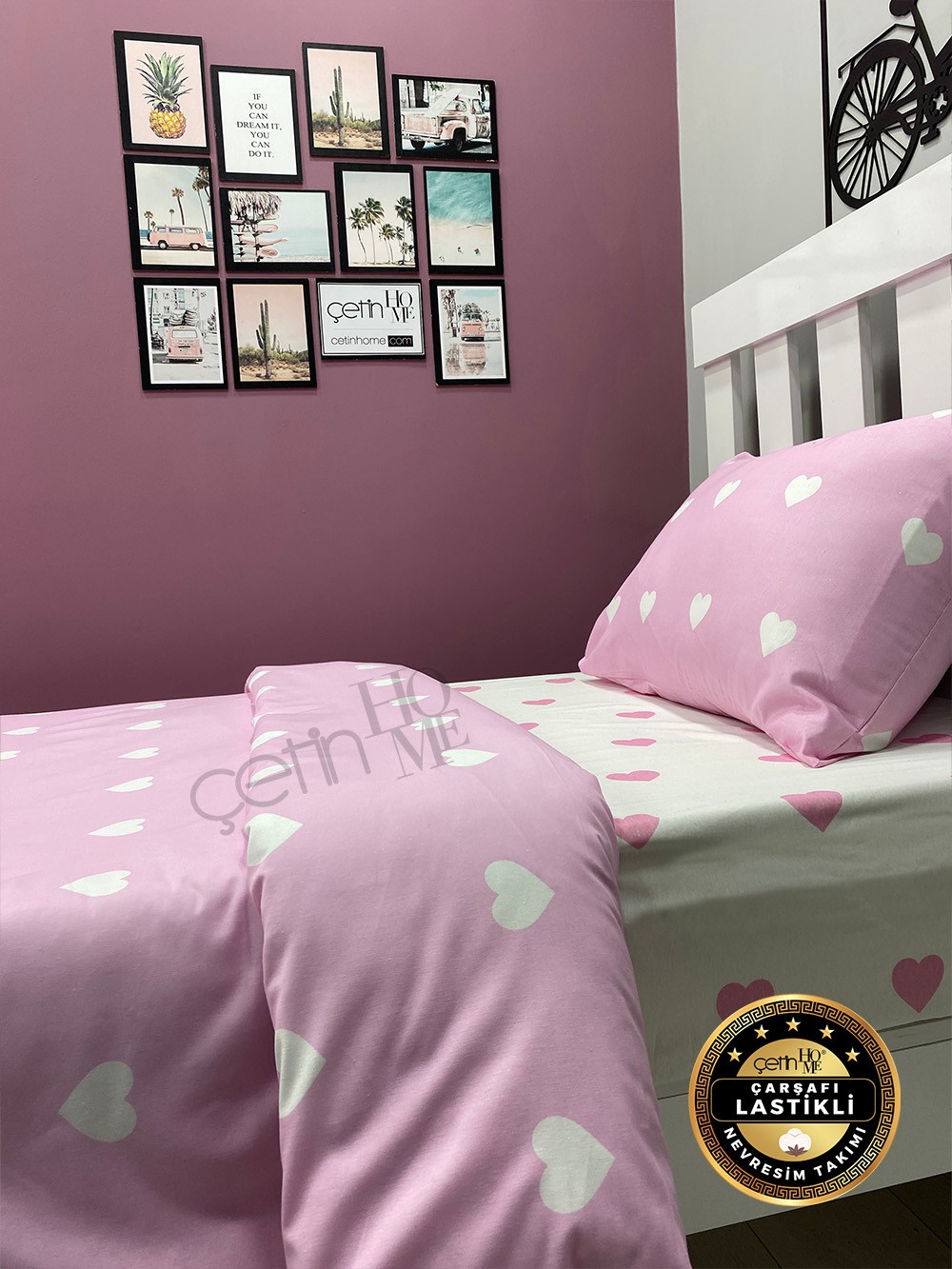 Çetinhome Çarşafı Lastikli Tek Kişilik Nevresim Takımı Pink Kalp