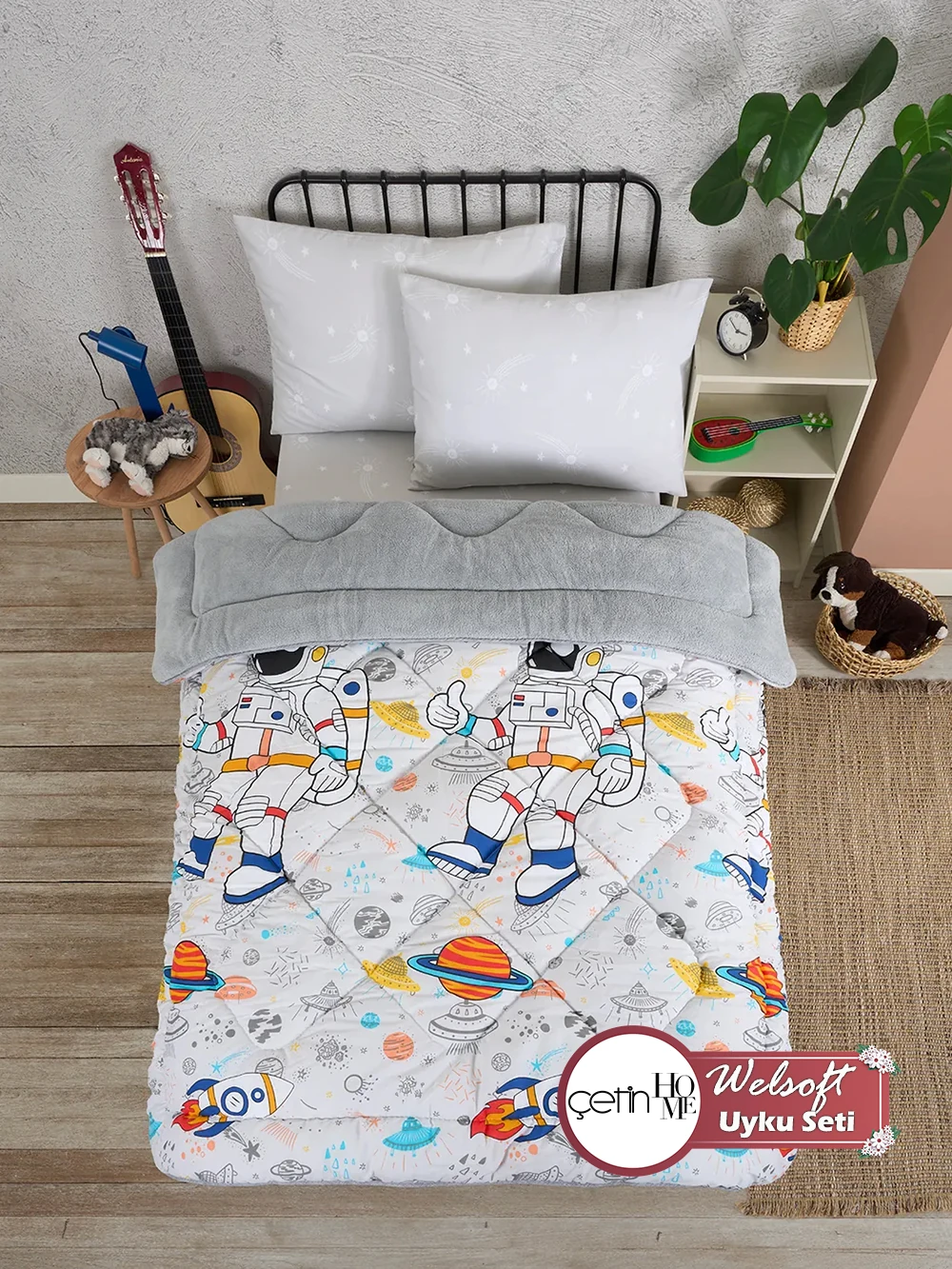 Çetinhome Tek Kişilik Çarşafı Lastikli Welsoft Uyku Seti - Astronot