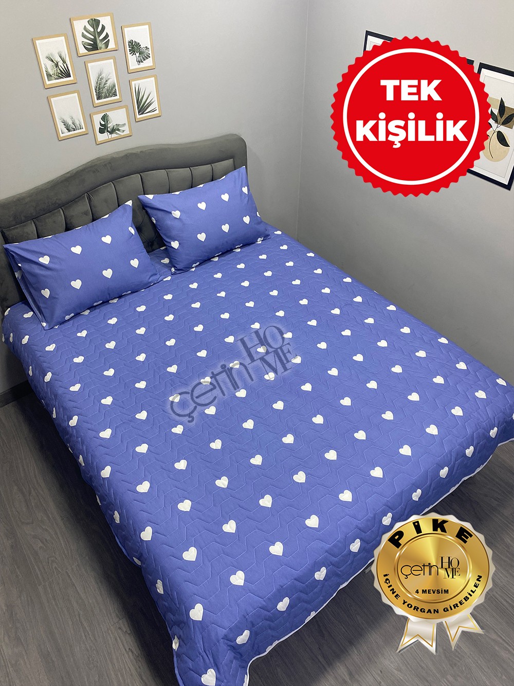 Çetinhome Tek Kişilik Kapitone Pike Seti 4 Mevsim Blue Kalp