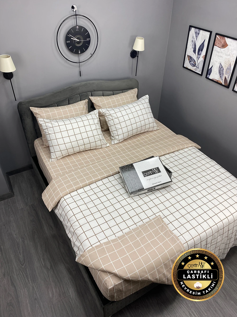Çetinhome Çarşafı Lastikli Çift Kişilik Nevresim Takımı Kare Bej
