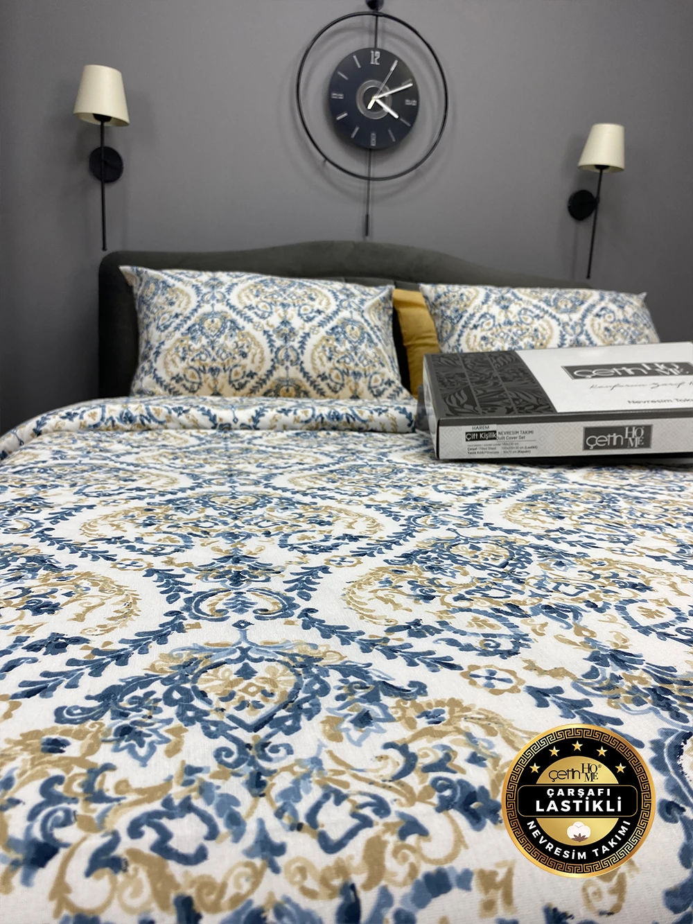 Çetinhome Çarşafı Lastikli Çift Kişilik Nevresim Takımı Harem Mavi