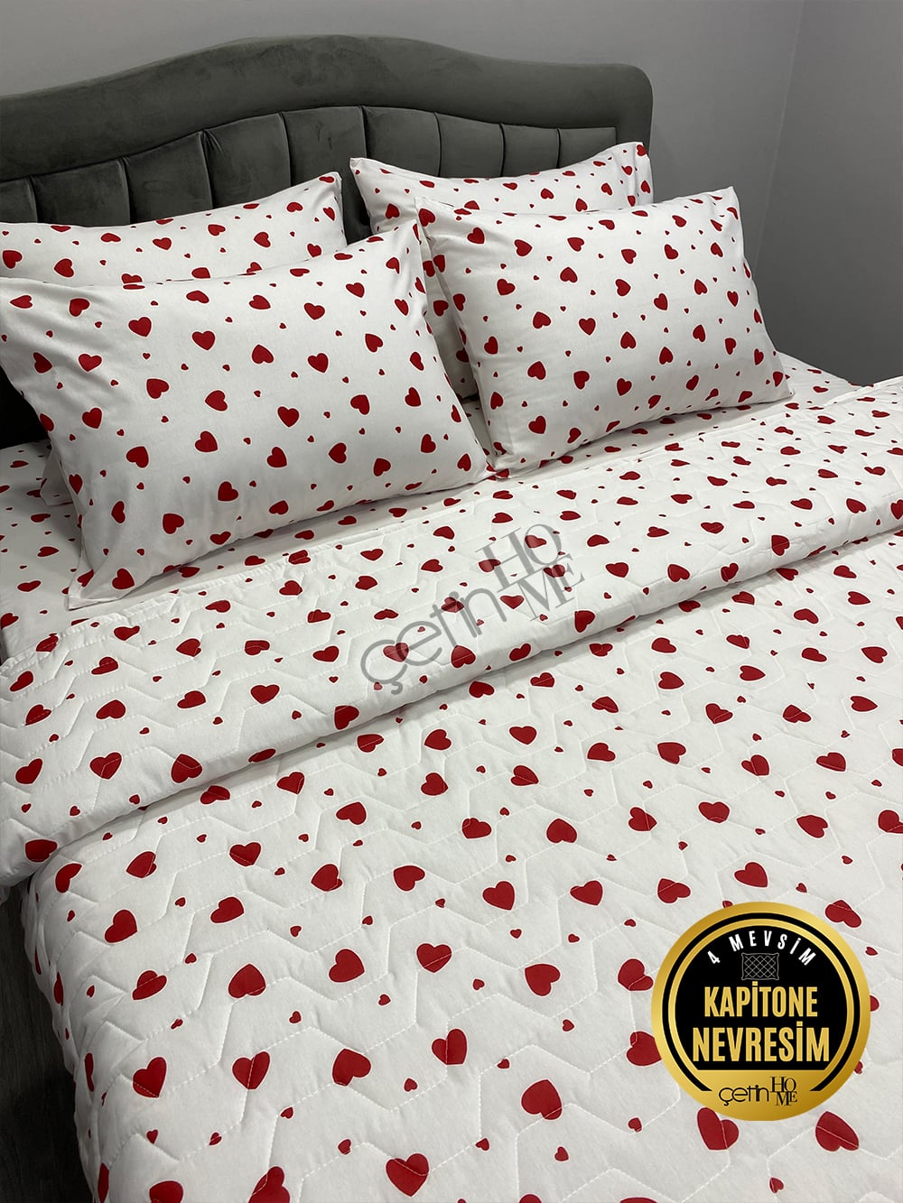 Çetinhome Çift Kişilik Çarşafı Lastikli Kapitone Pike Takımı 4 Mevsim Kalp
