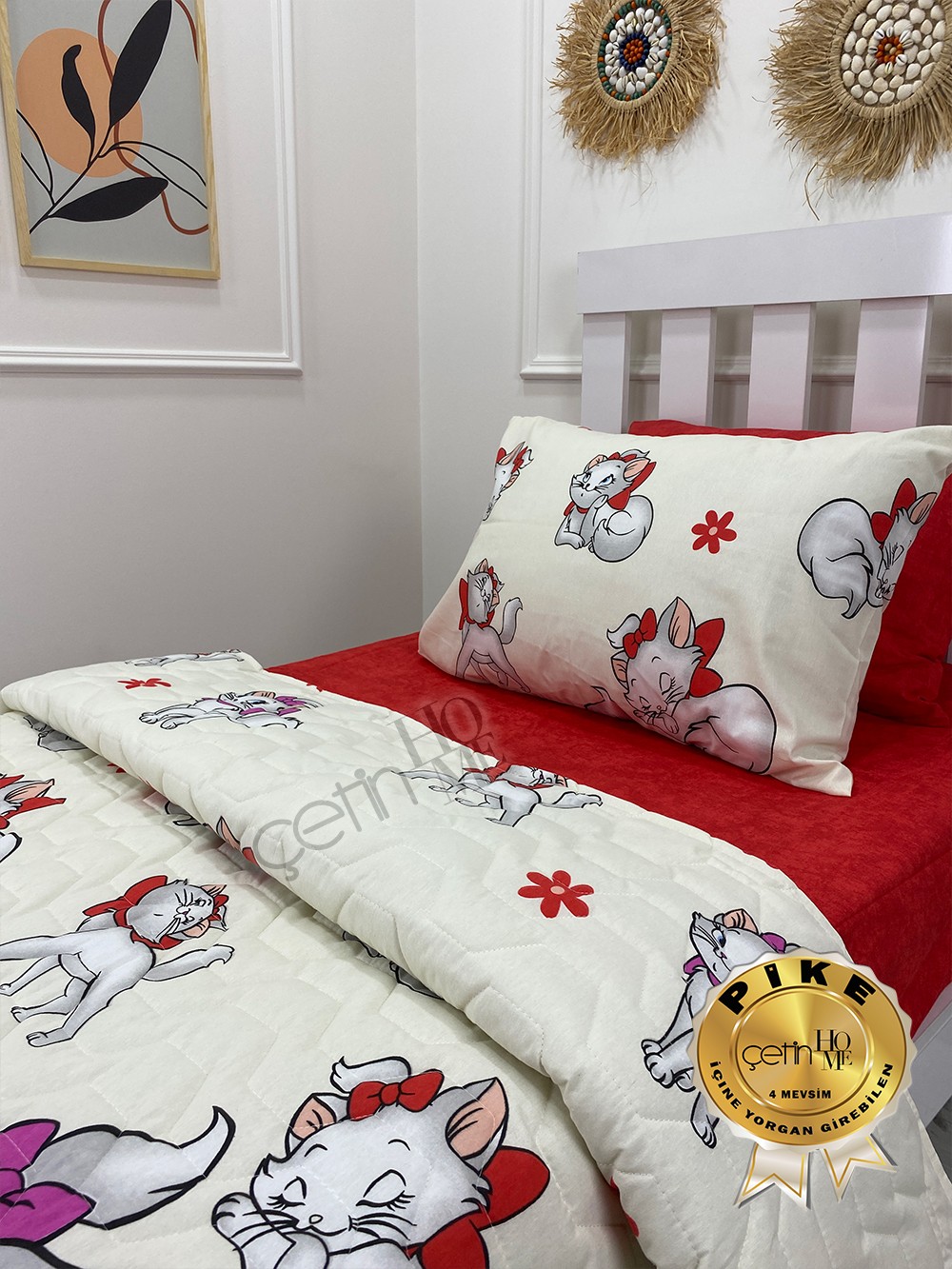 Çetinhome Tek Kişilik Çarşafı Lastikli Kapitone Pike Takımı 4 Mevsim Sevimli Kedi
