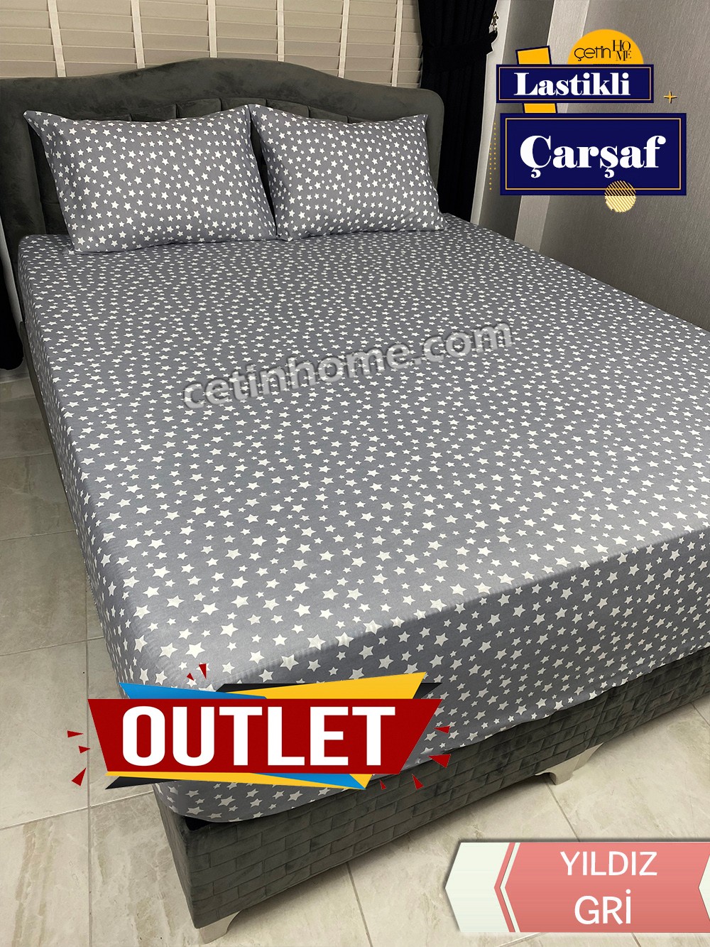 Outlet Kumaş Lastikli Çarşaf Seti Çift Kişilik Gri Yıldız