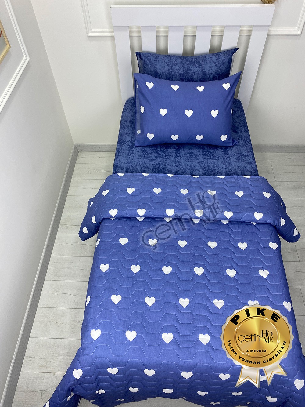 Çetinhome Tek Kişilik Çarşafı Lastikli Kapitone Pike Takımı 4 Mevsim Blue Kalp
