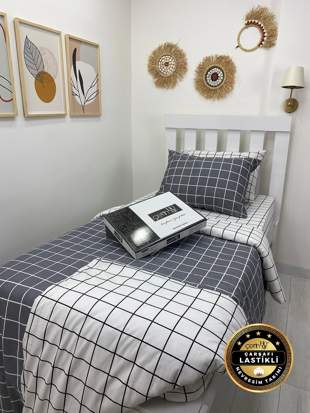Çetinhome Çarşafı Lastikli Tek Kişilik Nevresim Takımı Kare Antrasit