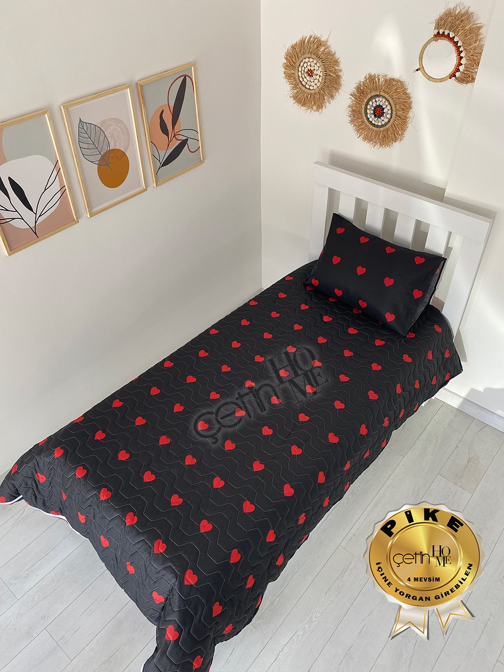 Çetinhome Tek Kişilik Kapitone Pike Seti 4 Mevsim Siyah Kalp