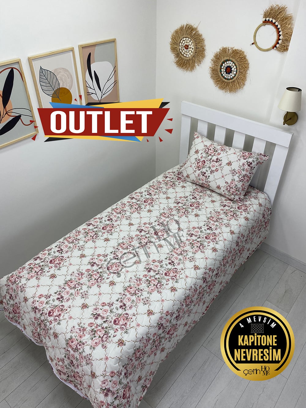 Outlet Tek Kişilik Kapitone Pike Seti 4 Mevsim Güz Gülleri