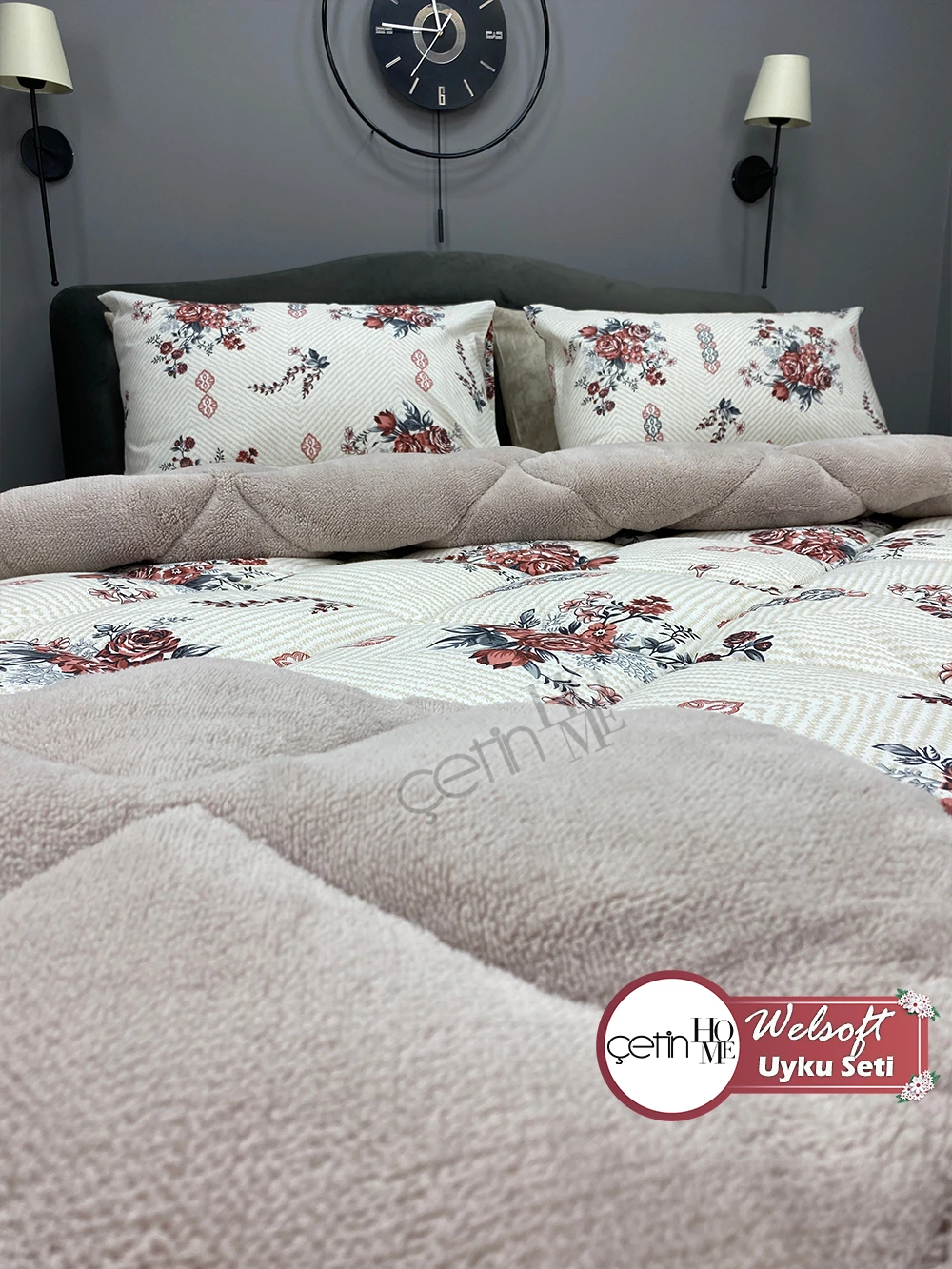 Çetinhome Çift Kişilik Çarşafı Lastikli Desenli Welsoft Yorgan Seti Hanzade