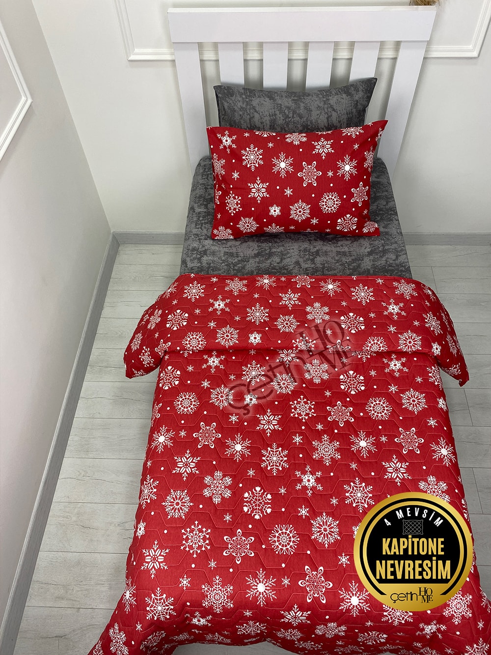 Çetinhome Tek Kişilik Çarşafı Lastikli Kapitone Pike Takımı 4 Mevsim Kar