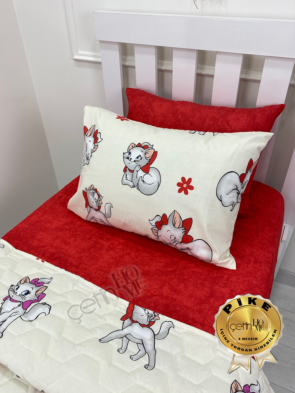Çetinhome Tek Kişilik Çarşafı Lastikli Kapitone Pike Takımı 4 Mevsim Sevimli Kedi