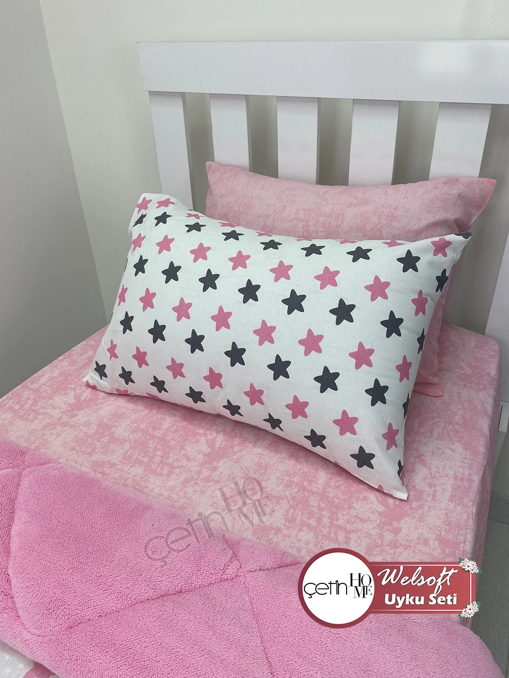 Çetinhome Tek Kişilik Çarşafı Lastikli Desenli Welsoft Yorgan Yıldız Pudra