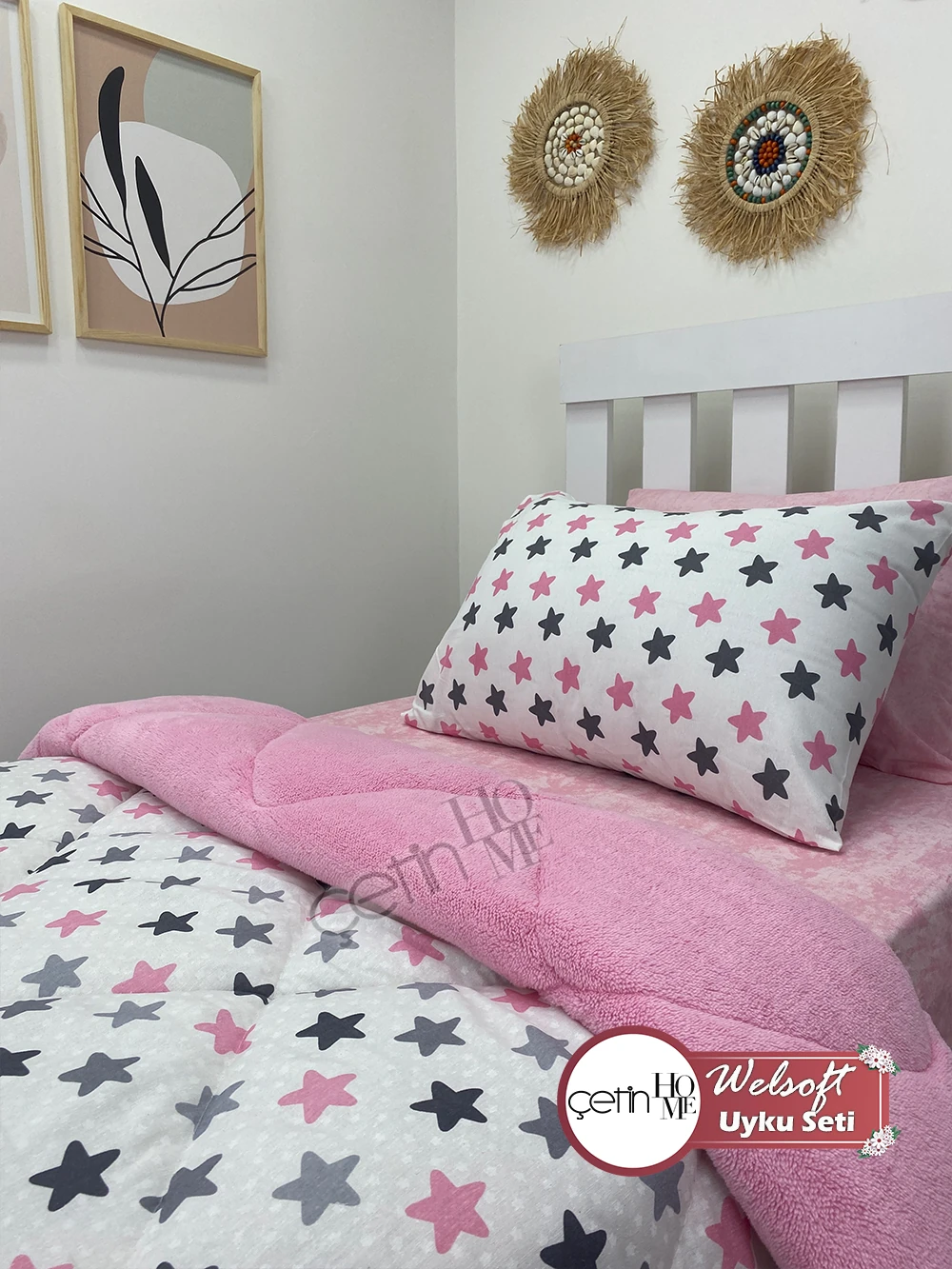 Çetinhome Tek Kişilik Çarşafı Lastikli Desenli Welsoft Yorgan Yıldız Pudra