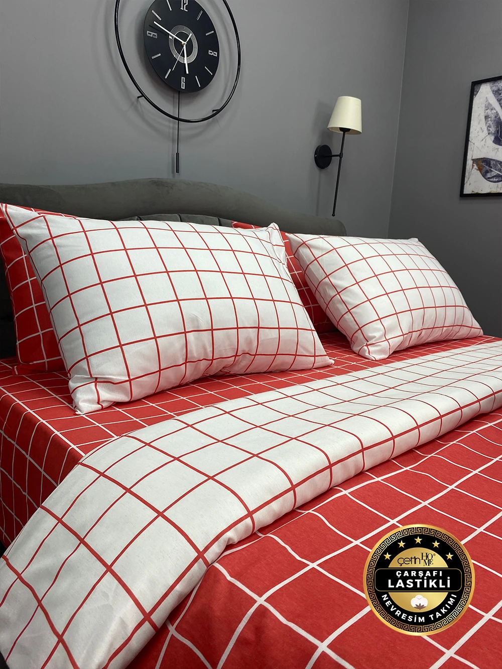 Çetinhome Çarşafı Lastikli Çift Kişilik Nevresim Takımı Kare Kiremit