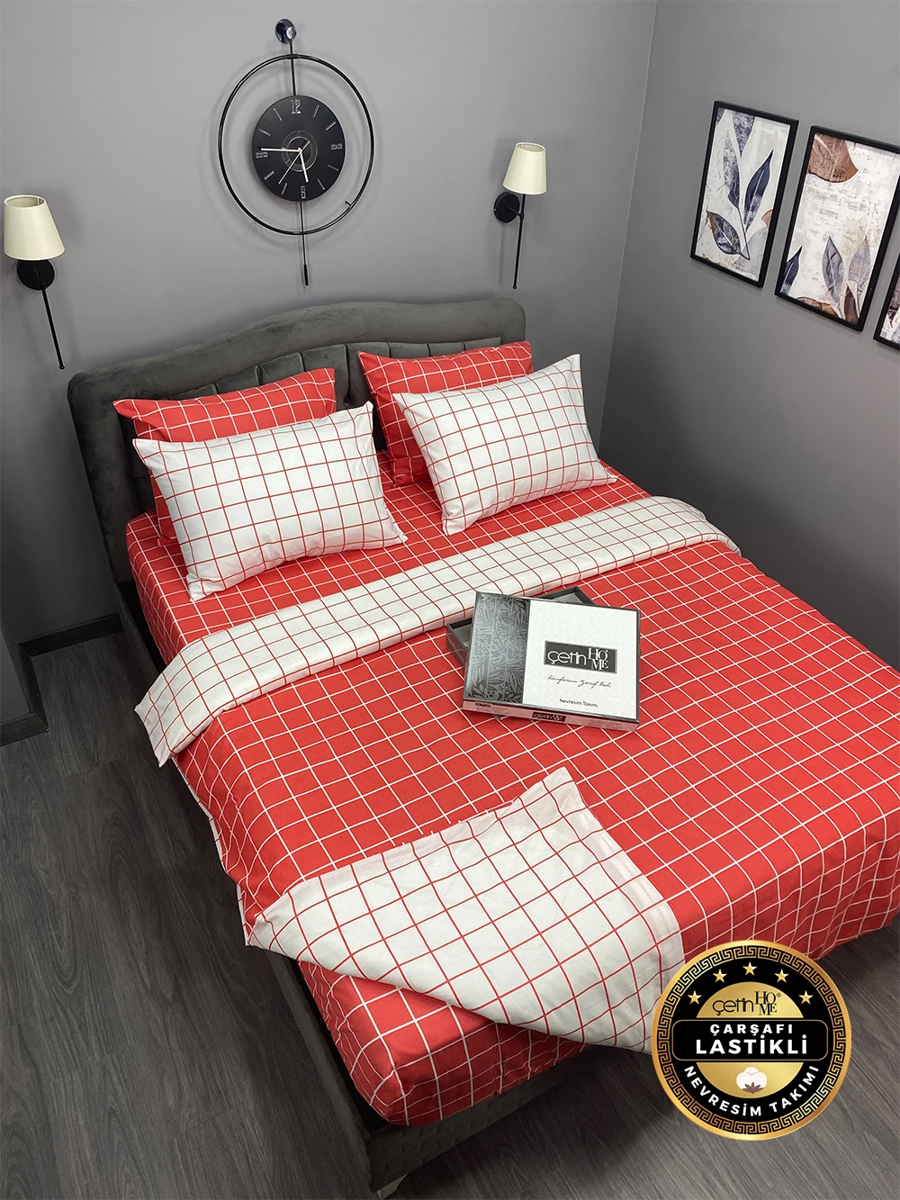 Çetinhome Çarşafı Lastikli Çift Kişilik Nevresim Takımı Kare Kiremit