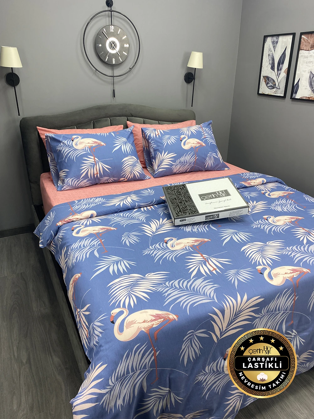 Çetinhome Çarşafı Lastikli Çift Kişilik Nevresim Takımı Kuğu