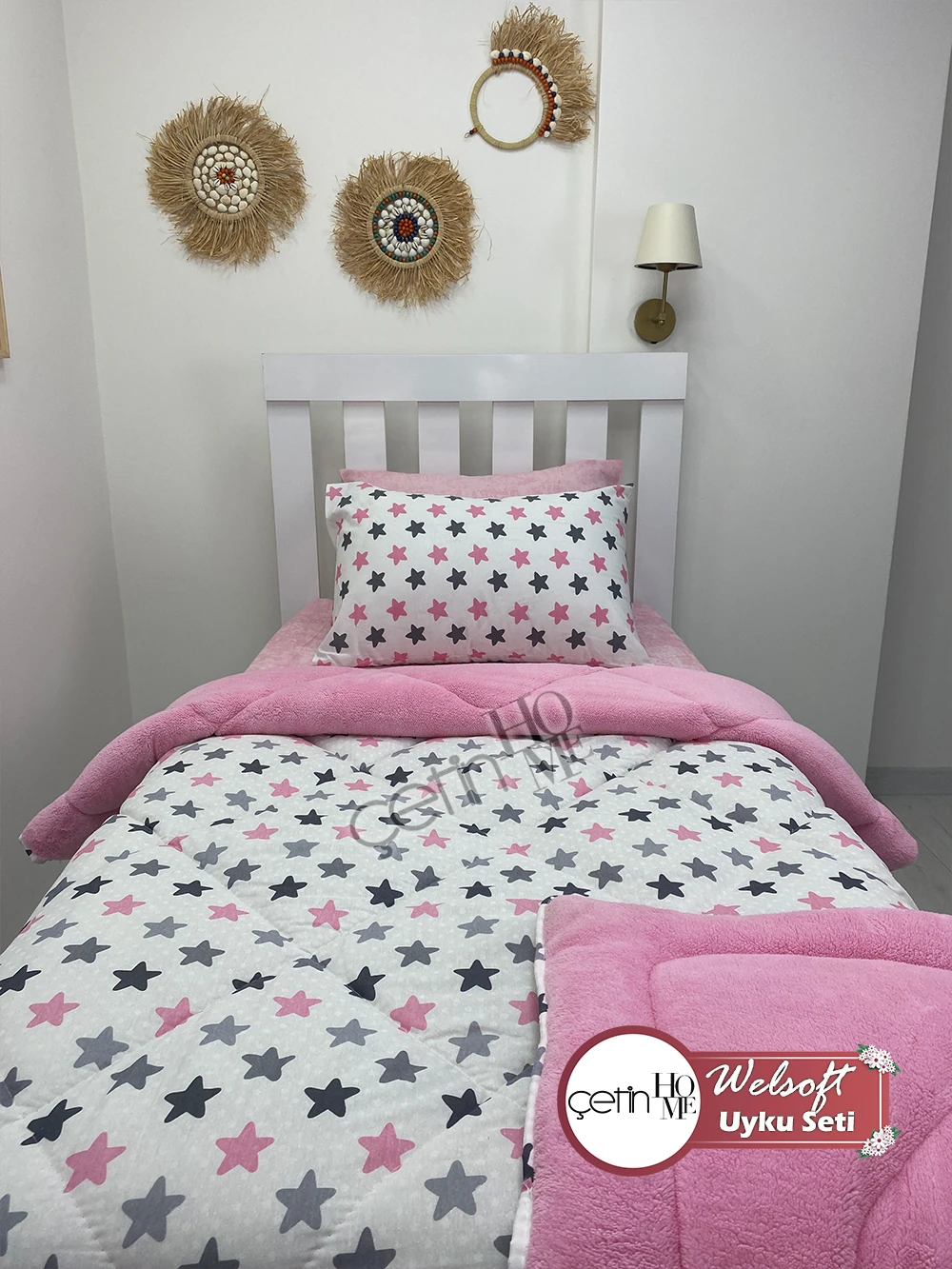 Çetinhome Tek Kişilik Çarşafı Lastikli Desenli Welsoft Yorgan Yıldız Pudra