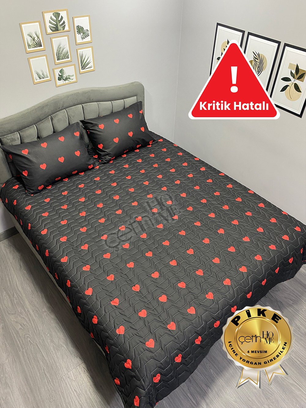 Kritik Hatalı Çift Kişilik Kapitone Pike Seti 4 Mevsim Siyah Kalp