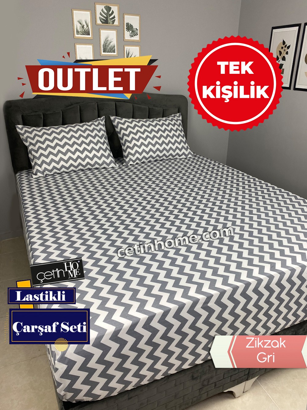 Outlet Kumaş Lastikli Çarşaf Seti Tek Kişilik Zikzak Gri