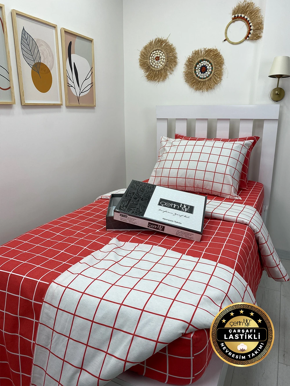 Çetinhome Çarşafı Lastikli Tek Kişilik Nevresim Takımı Kare Kiremit