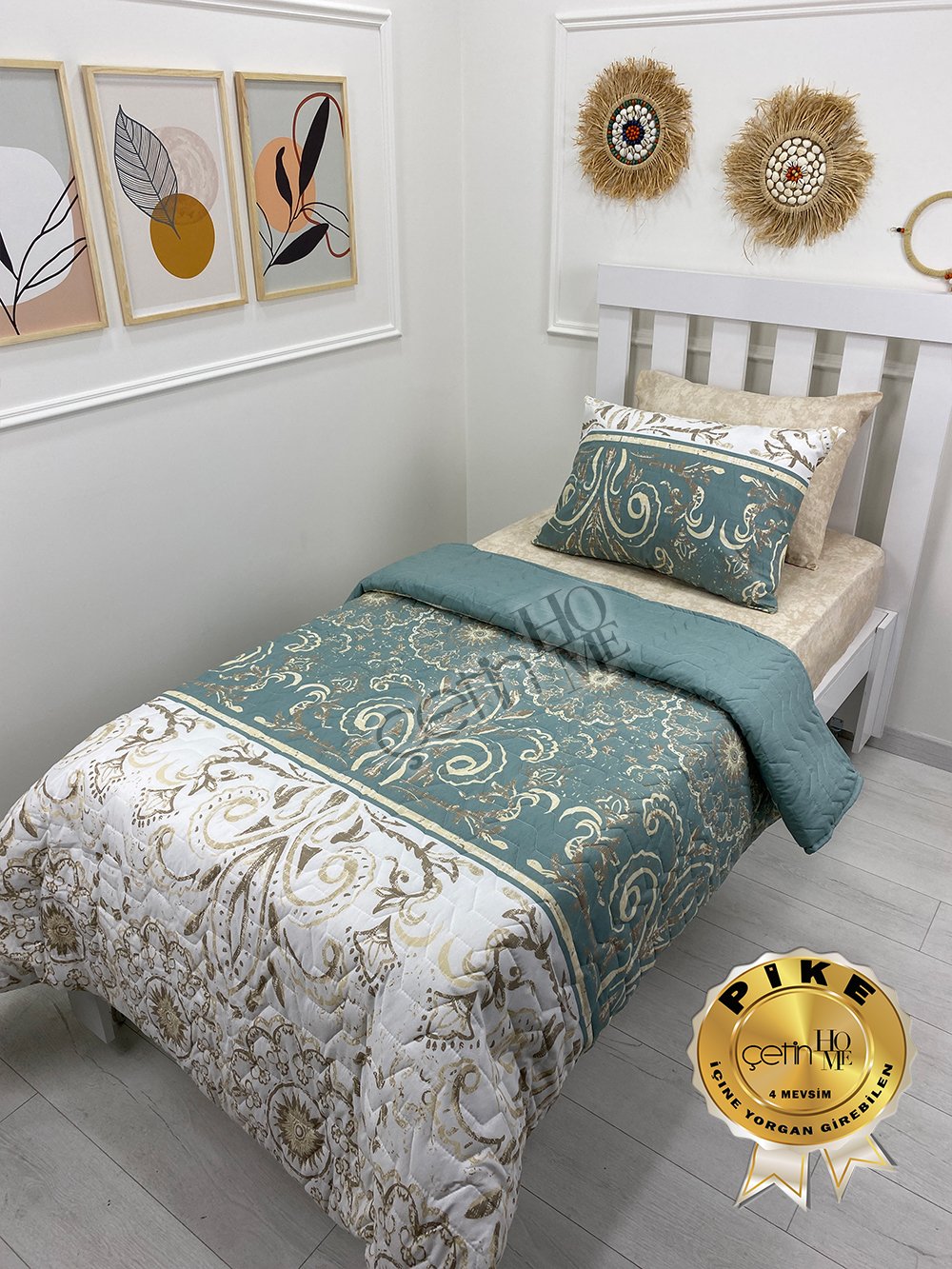 Çetinhome Tek Kişilik Çarşafı Lastikli Kapitone Pike Takımı 4 Mevsim Dolunay