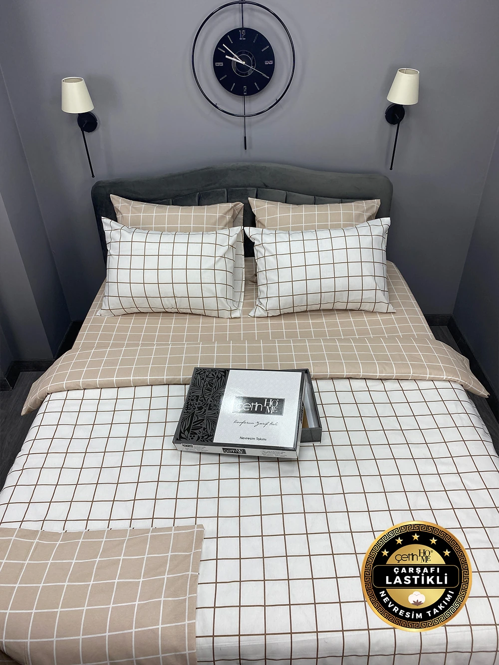 Çetinhome Çarşafı Lastikli Çift Kişilik Nevresim Takımı Kare Bej