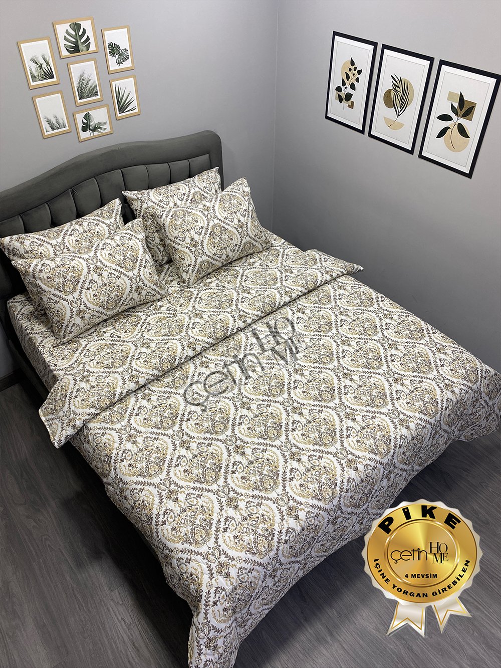 Çetinhome Çift Kişilik Çarşafı Lastikli Kapitone Pike Takımı 4 Mevsim Harem Gold