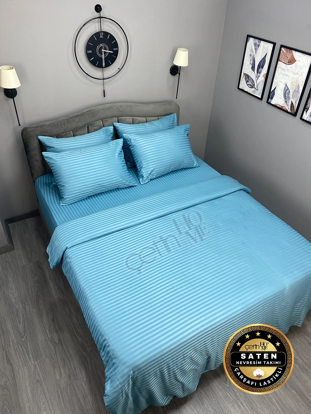 Çetinhome Çizgili Saten Nevresim Takımı - Petrol