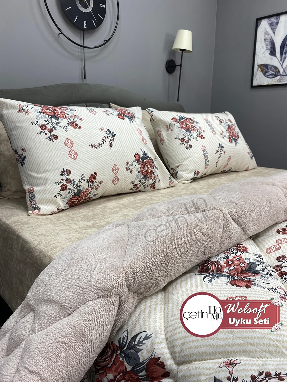 Çetinhome Çift Kişilik Çarşafı Lastikli Desenli Welsoft Yorgan Seti Hanzade