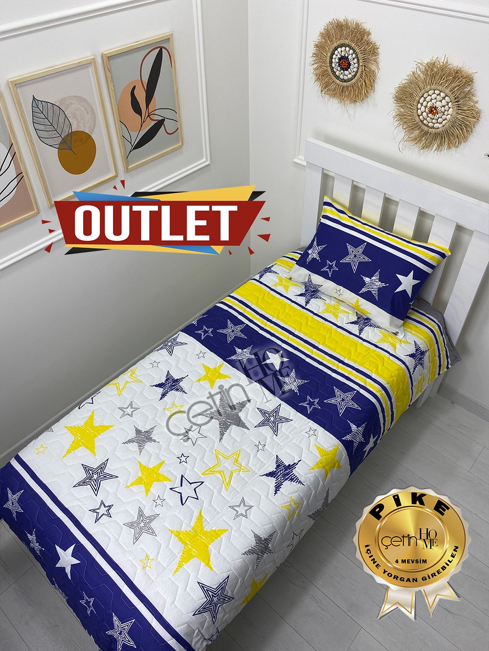 Outlet Tek Kişilik Kapitone Pike Seti 4 Mevsim Sarı Lacivert