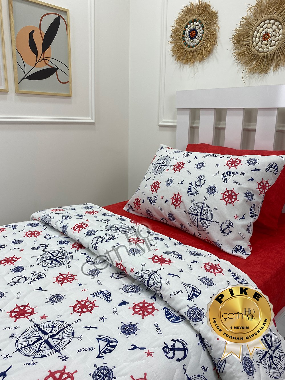 Çetinhome Tek Kişilik Çarşafı Lastikli Kapitone Pike Takımı 4 Mevsim Denizci Kırmızı