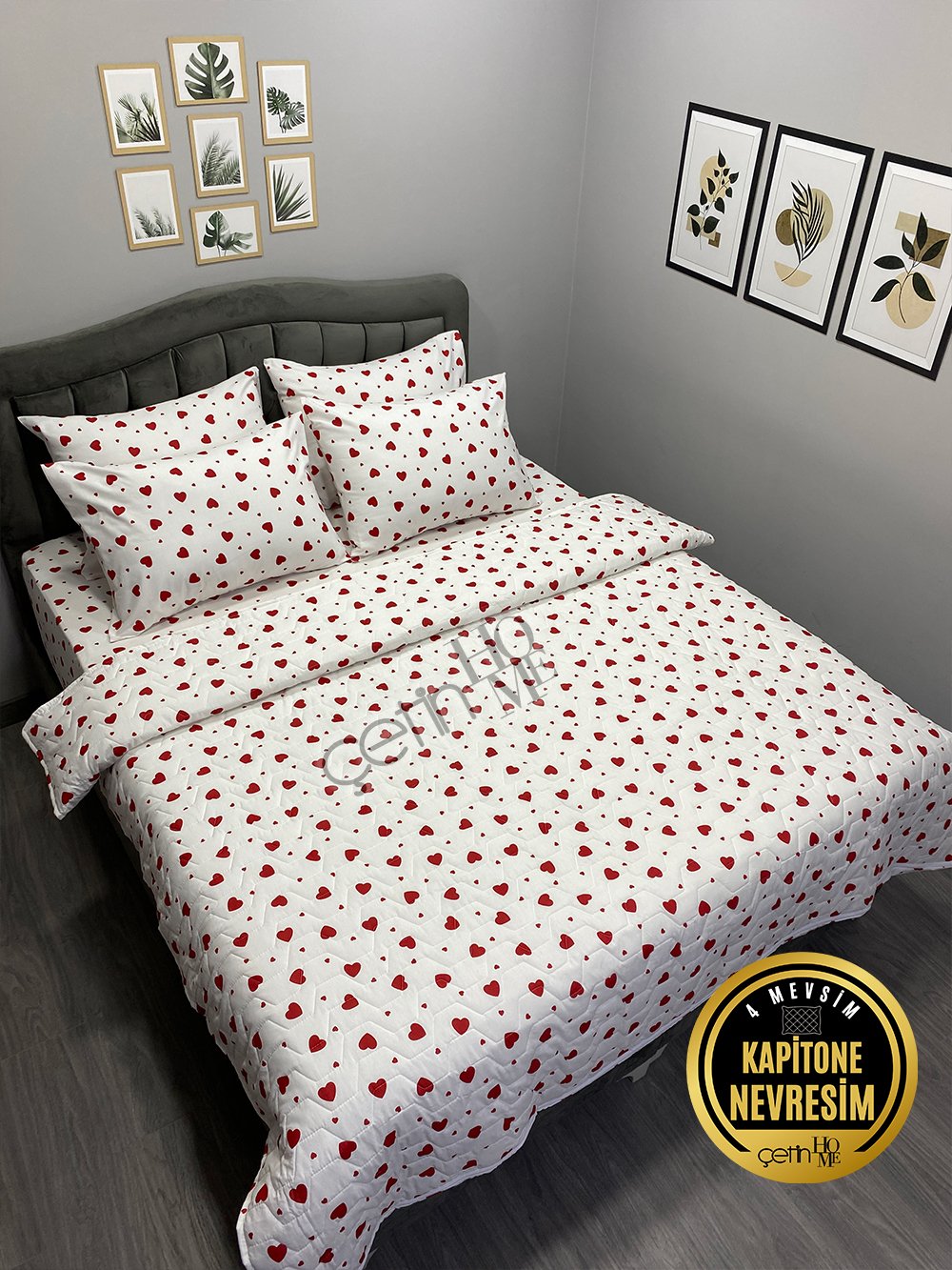 Çetinhome Çift Kişilik Çarşafı Lastikli Kapitone Pike Takımı 4 Mevsim Kalp