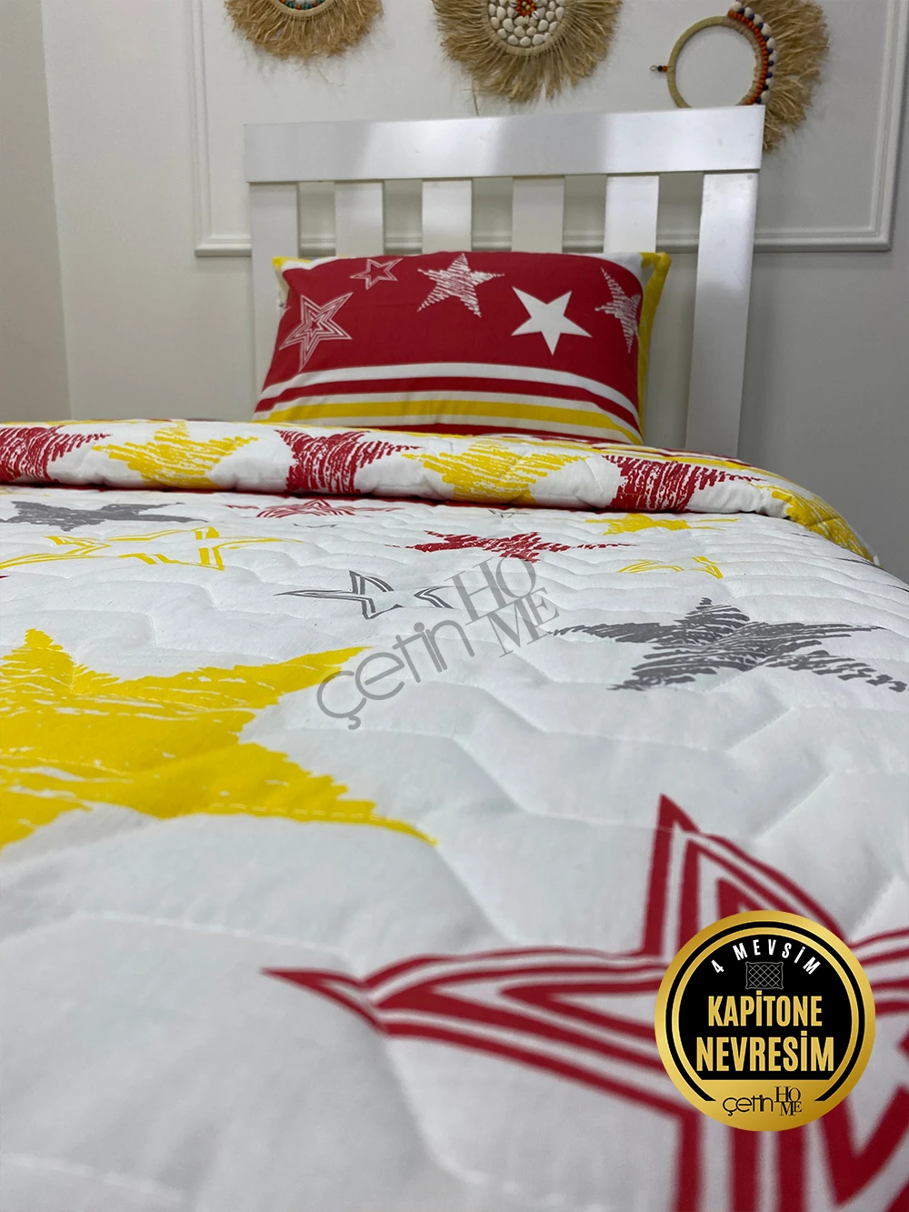 Çetinhome Tek Kişilik Çarşafı Lastikli Kapitone Pike Takımı 4 Mevsim Sarı Kırmızı